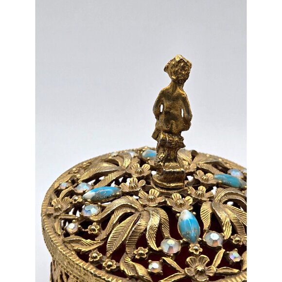 Vintage Cherub Gold Tone Footed Metal Jewelry or Trinket Box w/ embellished lid - Picture 7 of 8